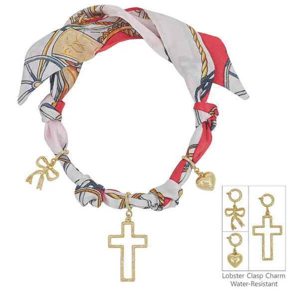 Red White Knotted Scarf Necklace with Heart, Cross, and Bow Charms Game Day - Picture 1 of 3